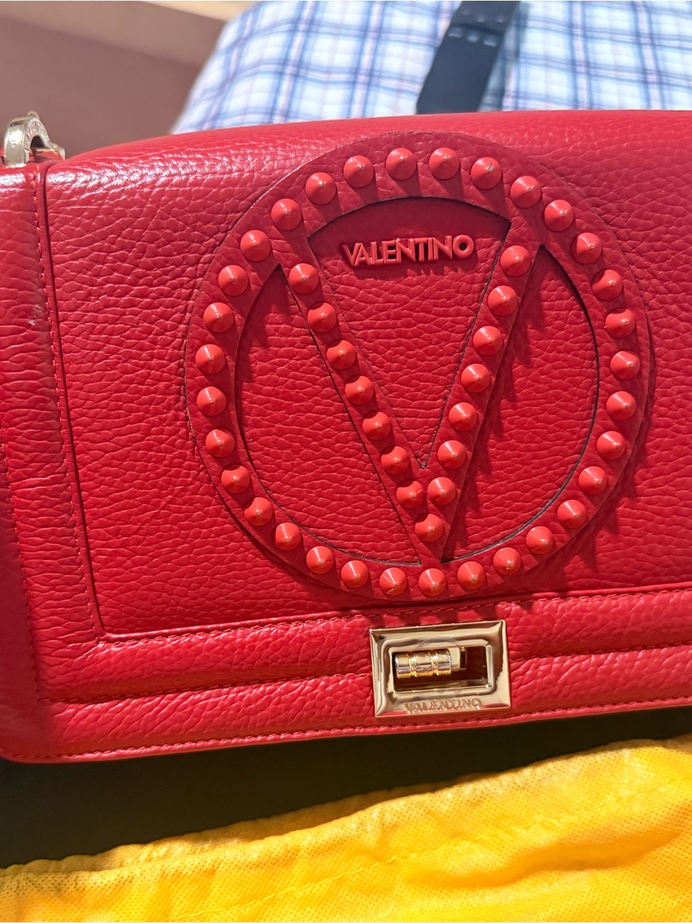 Valentino Red Leather Shoulder Bag with Studded V Emblem